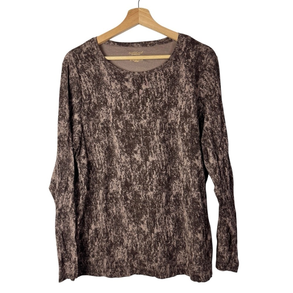 NorthCrest Brown Printed Crewneck Long Sleeve T-Shirt 1X